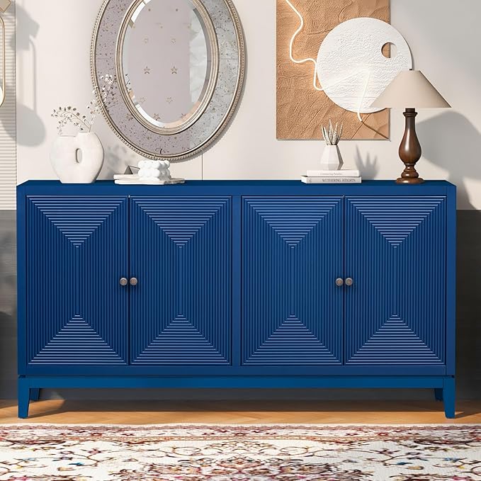 Merax 60" Sideboard Buffet Storage Cabinet with 4 Doors and Adjustable Shelves, Modern Wooden Accent Fluted Credenza Console Table for Kitchen, Dining, Living Room, Coffee Bar, Entryway, Navy Blue
