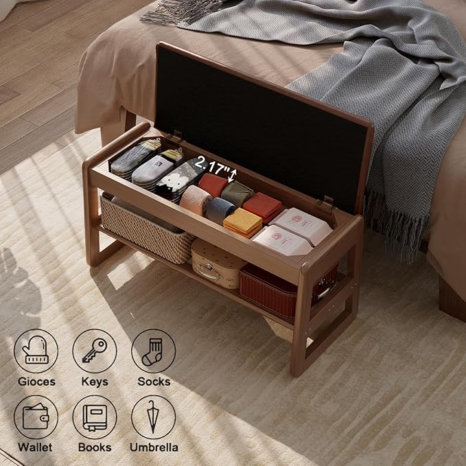 Shoe Rack Bench with Leather Cushion,2 Tiers Shoe Bench with Flip-Top Storage,Wood Shoe Rackh for Entryway,Hallway（Orange,31.5"）