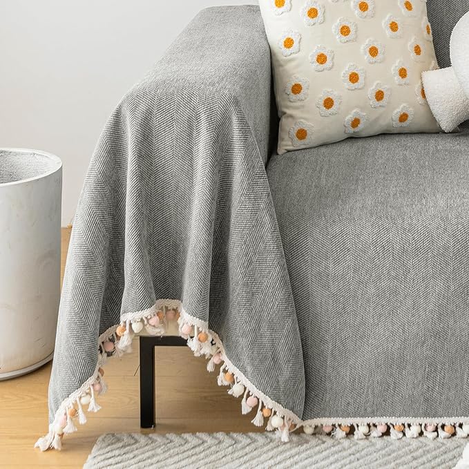 HANDONTIME Couch Slipcovers for Sofas Dark Grey Couch Cover Sofa Cover for Dogs Boho Pet Couch Protector with Tassel Chenille Herringbone Couch Cover for 2 3 Seat Washable Pet Friendly, 71" X134"