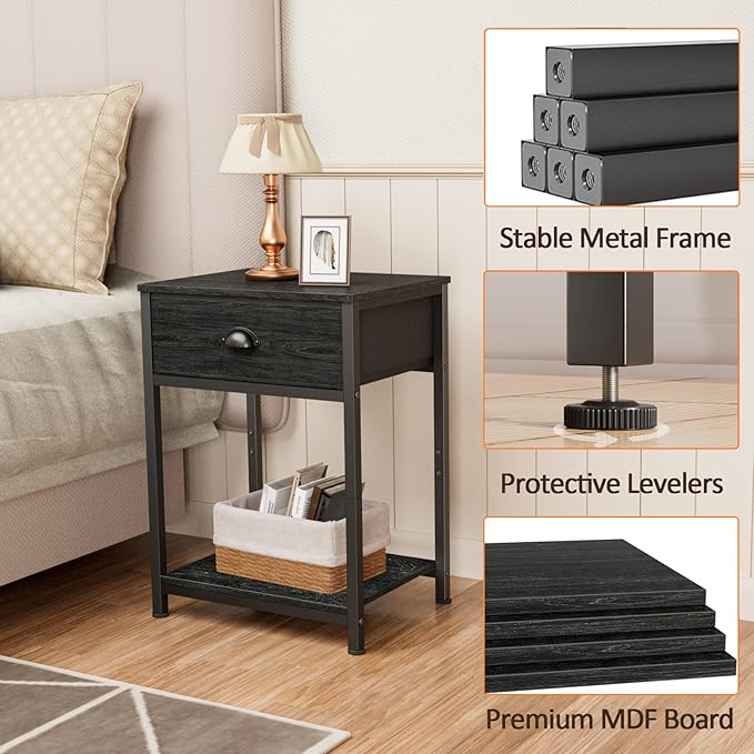 Furologee Nightstand with Fabric Drawer & Storage Shelf, Small Bedside Table Organizer for Small Space, 2 Tiers Industrial End Table, Side Table for Living Room, Bedroom, Black Oak