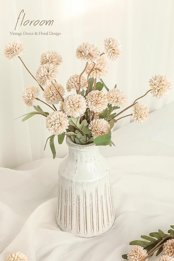 Floroom 5pcs Beige Faux Silk Mums Artificial Flowers, Bulk Fake Small Mini Chrysanthemums with Stems for DIY Champagne Wedding Centerpieces Floral Arrangements Vase Fillers Home Decorations