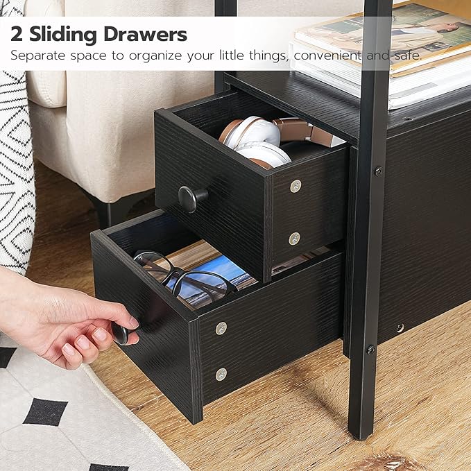 HOOBRO Set of 2 End Tables with Charging Station, Narrow Side Table with Drawers & USB Ports & Power Outlets, Nightstand for Small Spaces, Living Room, Stable and Sturdy, Black BK541BZP201
