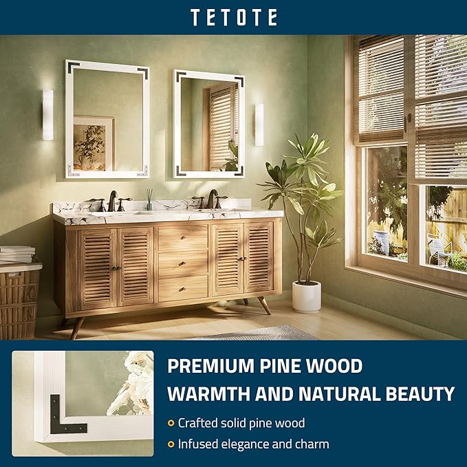 TETOTE 24 x 32 White Wood Mirror for Bathroom Wall/Bedroom/Living Room/Entryway Farmhouse Rustic Wall Mirror for Over Sink Waterproof (Horizontal/Vertical Mounted)
