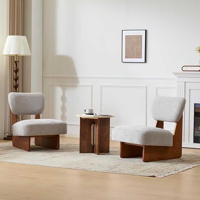 Christopher Knight Home Mores Low Profile Accent Chair Set of 2, Modern Living Room Armless Lounge Chair, Fabric Comfy Reading Chair for Bedroom, Wooden Frame and Thick Padded Seat, Walnut+Gray