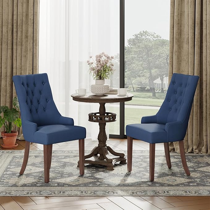 COLAMY Wingback Upholstered Dining Chairs Set of 4, Fabric Dining Room Chairs with Tufted Button, Living Room Chairs for Home Kitchen, Blue