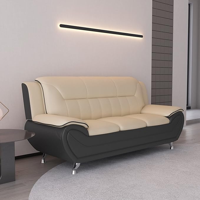Container Furniture Direct Michael Modern Faux Leather Upholstered Stainless Steel Legs Living Room Sofa, Loveseat, Black Camel