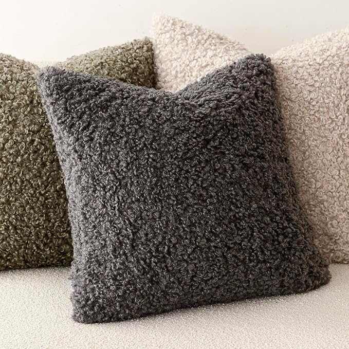 Foindtower Set of 2 Curly Teddy Wool Pillow Covers Decorative Boucle Textured Lumbar Throw Pillow Faux Fur Sherpa Pillowcases Sheepskin Fuzzy Cushion Case for Sofa Bedroom Car 12"x20" Dark Gray