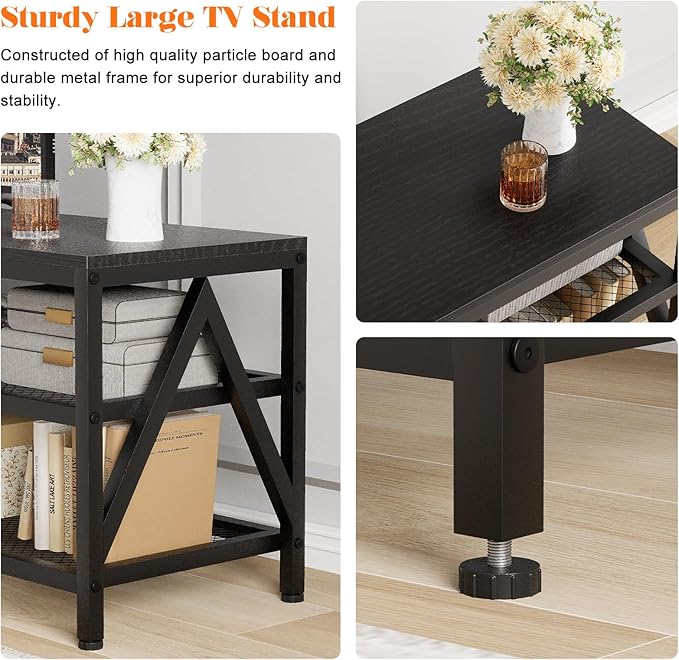 TV Stand for TVs up to 60 Inch, 43" Long Industrial TV Console Table with 3-Tier Storage Shelves, Entertainment Center for Living Room, Bedroom (Black)