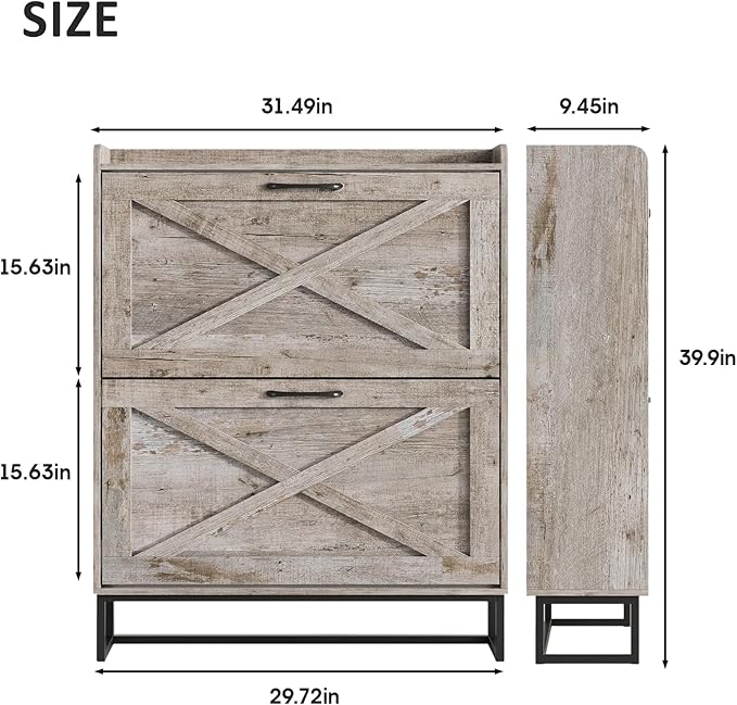 Maupvit Shoe Storage Cabinet with 2 Flip Drawers, Freestanding Organizer with Metal Legs for Entryway, Narrow Shoe Rack Cabinet, Light Rustic Oak