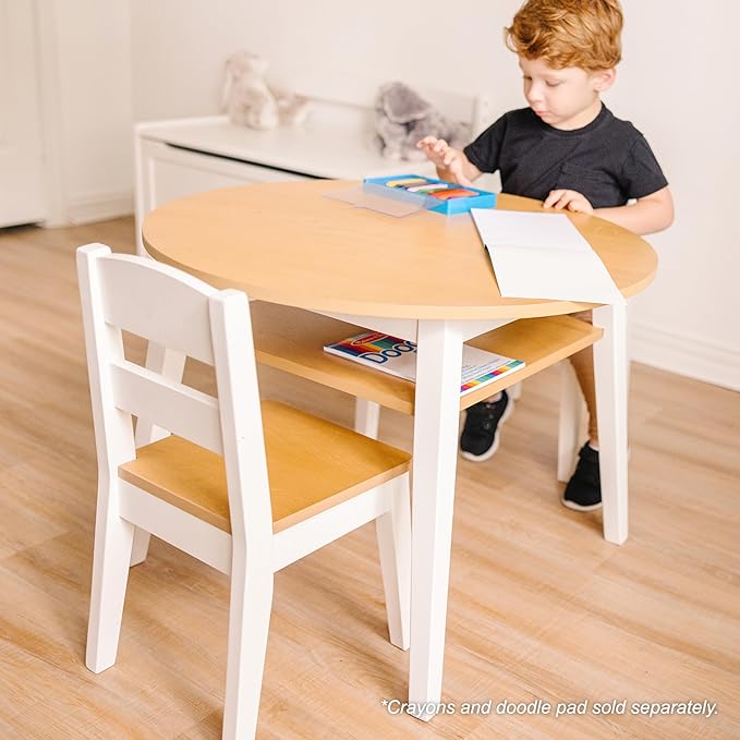 Melissa & Doug Wooden Round Table and 2 Chairs Set – Kids Furniture for Playroom, Light Woodgrain and White 2-Tone Finish Two-Tone Round Wooden Toddler And Kids Table And Chairs Activity Furniture Set