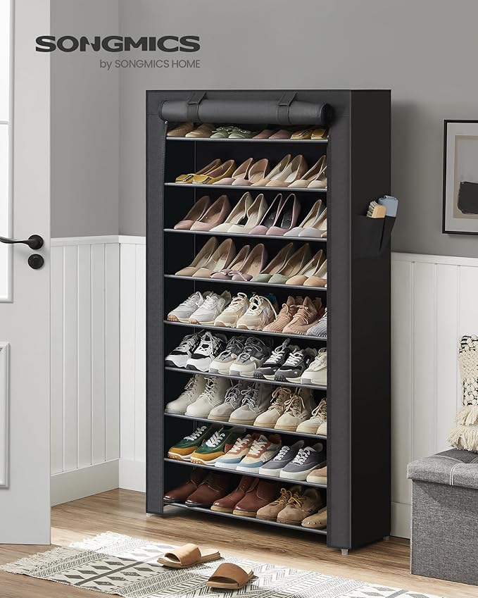 SONGMICS Shoe Rack with Non-Woven Fabric Cover, 9 Tier Storage Shelf for 40-50 Pairs of Shoes, Entryway, Suitable for Sneakers, High Heels, Flats, and Boots, Black URXJ36HV1
