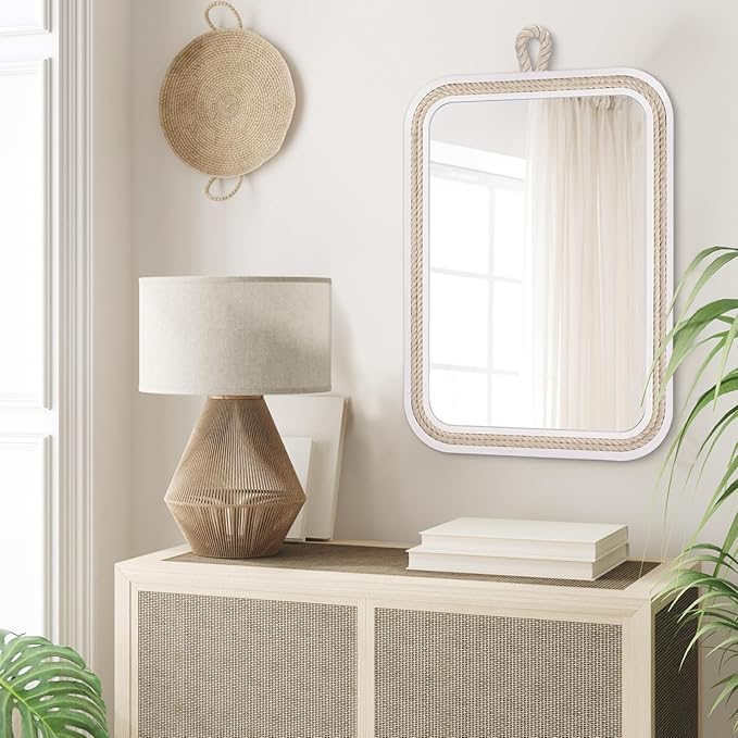 Nautical Rope Mirror Rectangular Hanging Mirrors for Wall 22''Lx16''W White Decorative Mirror Farmhouse Mirror with Rope for Bathroom,Livingroom,Entryway-Beachy Coastal Wall Decor