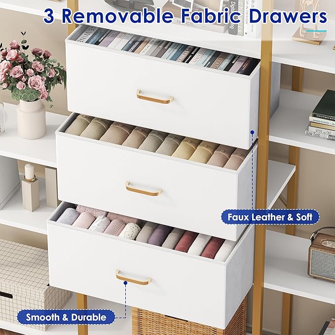 73.6" Tall Bookshelf with 3 Drawers and 16 Storage Shelves, Industrial Bookcase with 16 Open Display Shelves, Large Etagere Bookshelf, Triple Wide Book Shelf Book Case for Home & Office, Gold