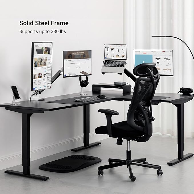 Progressive Desk Stand Up Height Adjustable Electric Standing Desk - L Shaped 60" x 72" Corner Computer Rising Workstation Table - Black Frame, Roasted Walnut Top