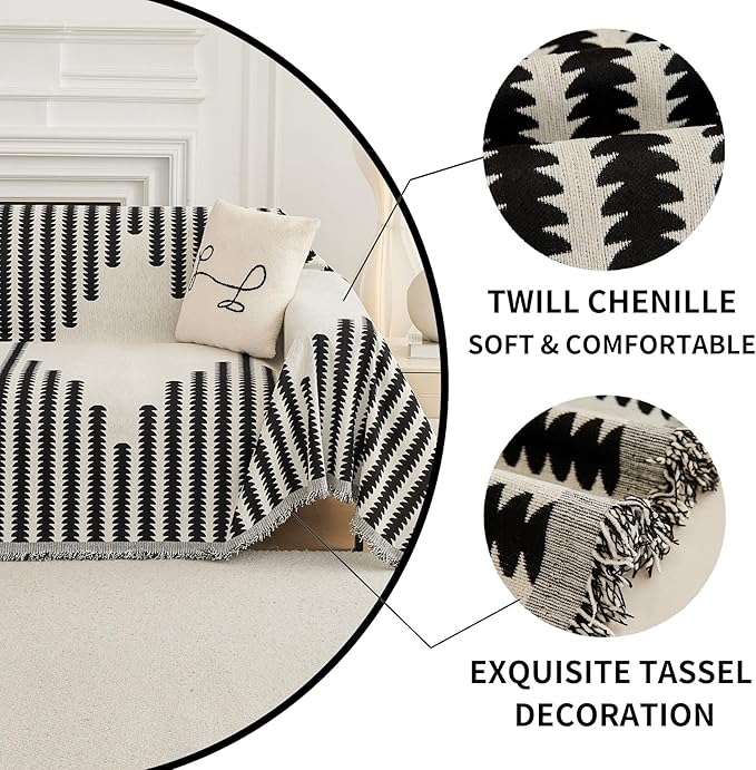 HAOMAIJIA Boho Sofa Covers Couch Covers for 3 Cushion Couch Sofa Pet Friendly Soft Thick Couch Cover for Dogs Washable Sectional Couch Covers L Shape Furniture Protector (Black, 71"x150")