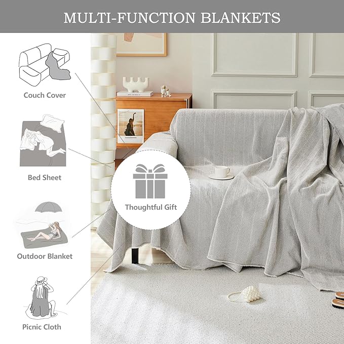 STACYPIK Soft Silver Gray Sofa Cover, Herringbone Couch Cover for Sectional, Pet Friendly Couch Protector for 3 Cushion Couch, Washable Chenille Sofa Covers for L-Shaped, Multi-Use Blankets-91X118IN