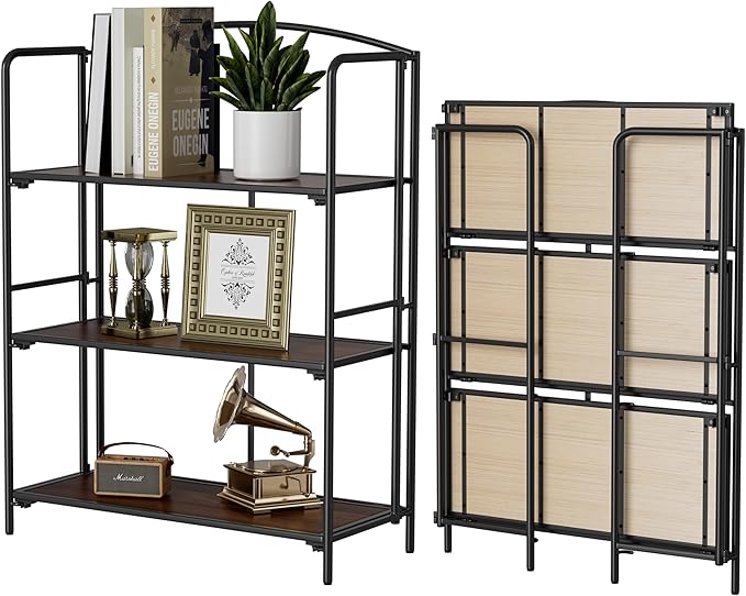 Crofy No Assembly Folding Bookshelf for Living Room, 3 Tier Black Collapsible Book Shelf for Home Office, Portable Bookcase Storage Organizer