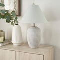 Nourison Home 23" Grey Vintage Distressed Ceramic Pot Table Lamp for Bedroom, Living Room, End Table, with Grey Conical Empire Shade