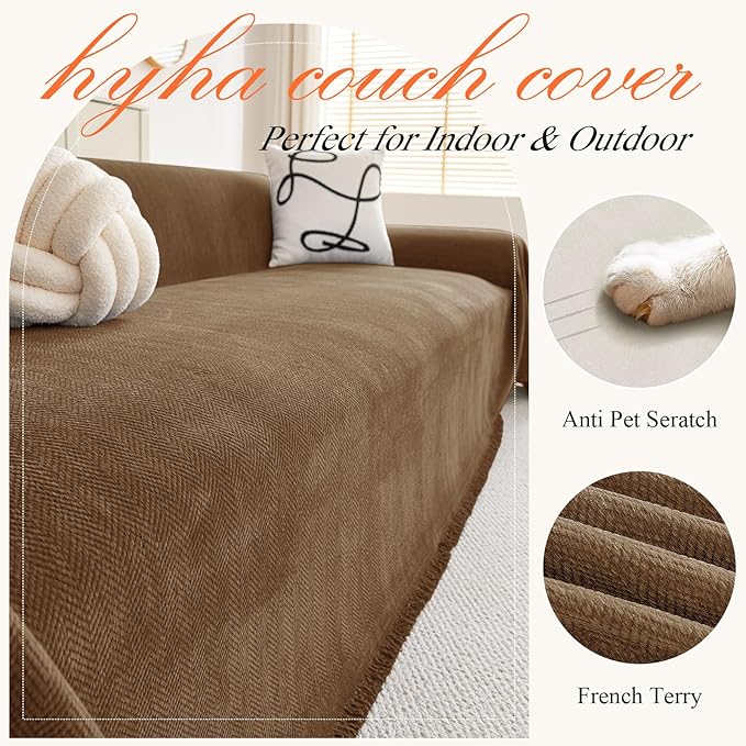 hyha Couch Cover for Dogs, Boho Sofa Covers for 3 Cushion Couch Washable, Chenille Sofa Slipcover for Pets, Soft Loveseat Sectional Couch Throw Blankets with Tassels (Chocolate, 88.5x150 Inch)