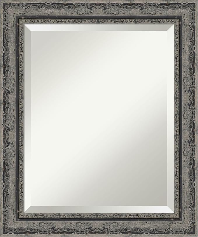 Amanti Art Bathroom Mirror for Over Sink, 25x21 Filigree Matte Black Rectangle Vanity Mirror, Small Traditional Frame, Hangs Horizonally and Vertically, Bathroom Wall Decor, Beveled Edge