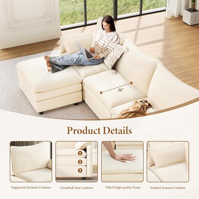 Vesgantti 108" U Shaped Sectional Couch, Comfy Cloud Modular Sectional Sofa with 2 Ottoman Deep Seat Corduroy Modern Cloud Sofa, Modular Sofas for Living Room, Bedroom and Apartment, Beige