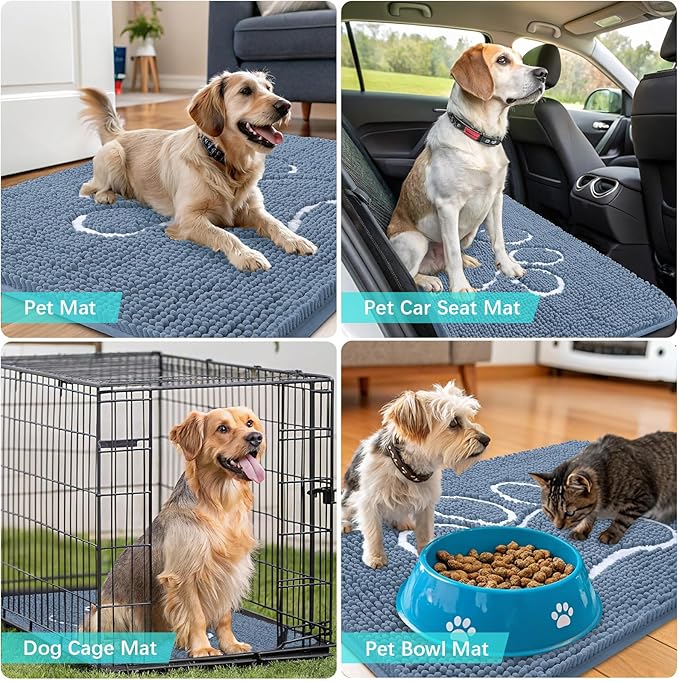 OLANLY Door Mat for Muddy Dog Paws 36x24, Absorbent Chenille Doormat with Paw Print Design, Non-Slip Washable Doormat for Indoor Entryway, Quick-Dry Pet Bed Mats for Dirty Dogs, Airy Blue and White