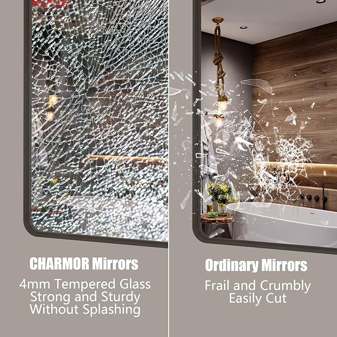 36x36 Square Bathroom Framed Mirror for Wall, Brushed Bronze Metal Bathroom Vanity Mirror, Rounded Rectangle Mirror, Anti-Rust, Tempered Shatterproof (Horizontal/Vertical)
