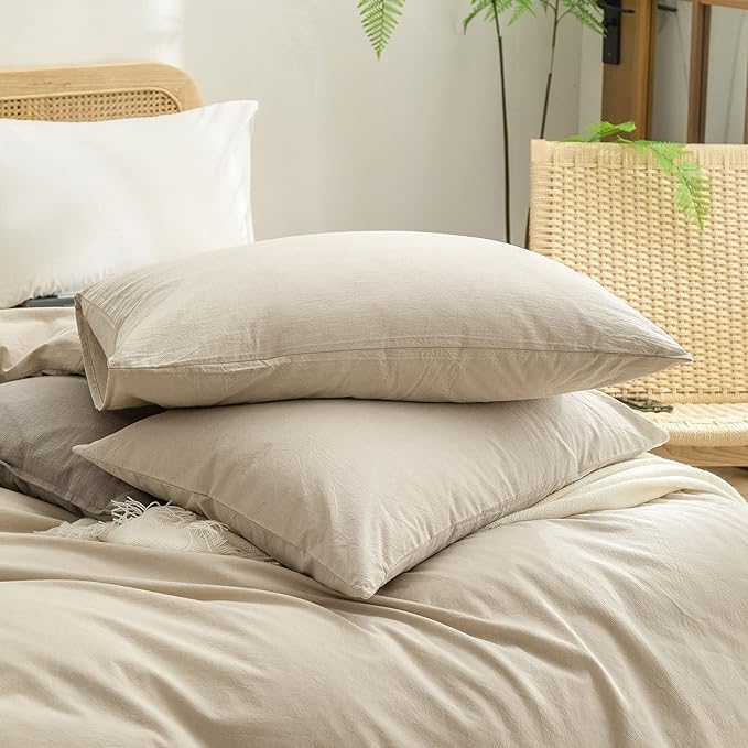 BESTOUCH Duvet Cover Set 100% Washed Cotton Linen Feel Super Soft Comfortable Chic Lightweight 3 PCs Home Bedding Set Solid Almond Milk Grey Oversized Queen