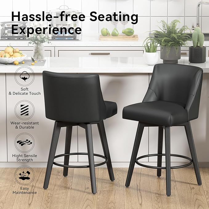 Counter Height Swivel Bar Stools Set of 3, 26 Inch Bar Stools with Footrest, Faux Leather Upholstered Barstools with Back and Solid Wood Legs for Kitchen Island, Dining Room,Pub,Black