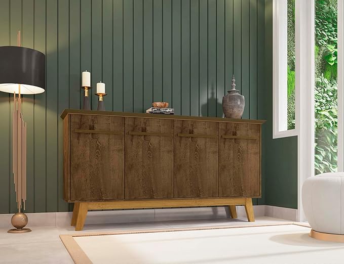 Manhattan Comfort Yonkers 63 Inch Buffet Sideboard with 2 Cabinets & Soft Close Doors, Storage Furniture with Stylish Beveled Top, Solid Wood Legs, Rustic Brown