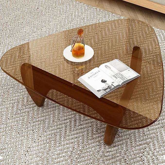 Modern Glass Coffee Table for Living Room mid Century, Small Coffee Table Stylish Coffee Tables, Suitable for Bedroom Living Room Reception Office Tables（Walnut/Brown，Medium）