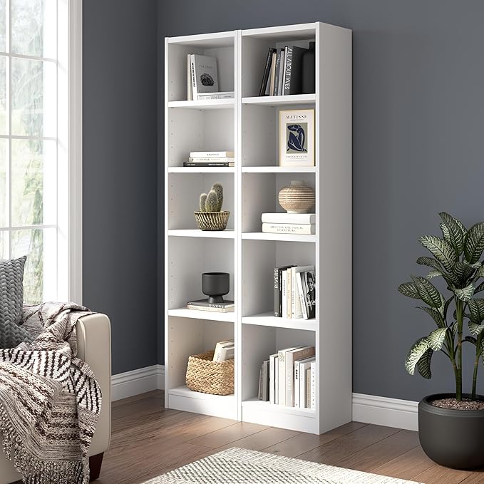 Bush Furniture Universal 17W Narrow 5 Shelf Bookcase in White - Set of 2, Matching Skinny Bookshelves for Home Office or Living Room Storage