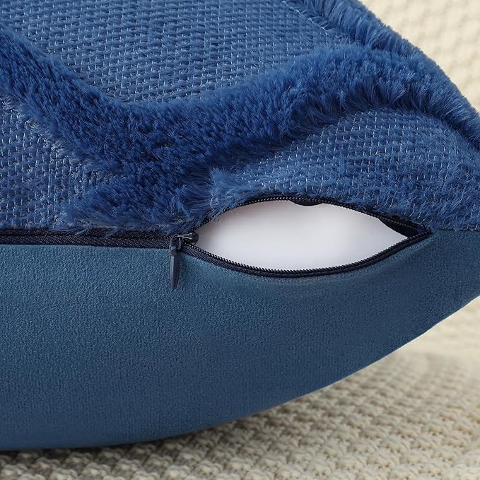 decorUhome Throw Pillow Covers 16x16 Inch Set of 2, Soft Plush Faux Fur Wool Dark Blue Couch Pillow Covers, Decorative Neutral Pillow Cases for Bed Sofa Living Room Home Decor