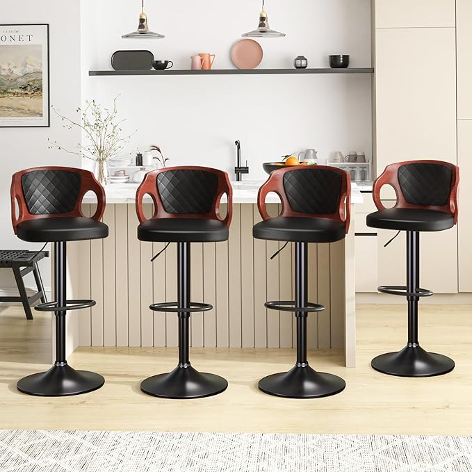 VECELO Bar Stools Set of 2,Adjustable Counter Height Stools with Bentwood Back,Armrest&Footrest,Swivel PU Leather Bar Chairs for Kitchen Island,Coffee Shop and Salon,Black,Quilted Elegance