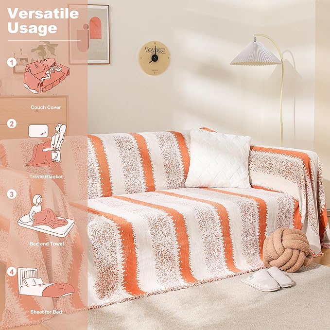 Boho Couch Cover, Sofa Cover, Sofa Covers for 2 Cushion Couch, Washable Sectional Couch Covers for Dogs Pet Furniture Protector Couch Cover Blanket for Living Room (1# Orange, 71" x 118")