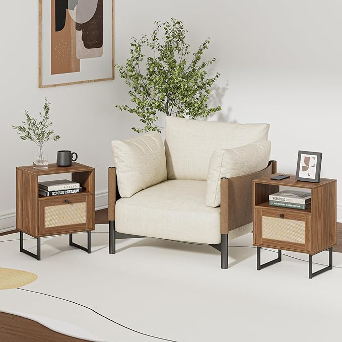 Masupu Extra Large Rattan Nightstand,Modern Boho Farmhouse Wood Bedside Table with Storage Drawer and Open Shelf, Black Frame Side End Table for Bedroom,Living Room,Office (Walnut)