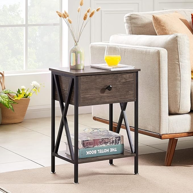 VECELO Nightstands Set of 2, Modern Bedside End Tables, Night Stands with Drawer and Storage Shelf for Living Room Bedroom, Industrial Metal Frame