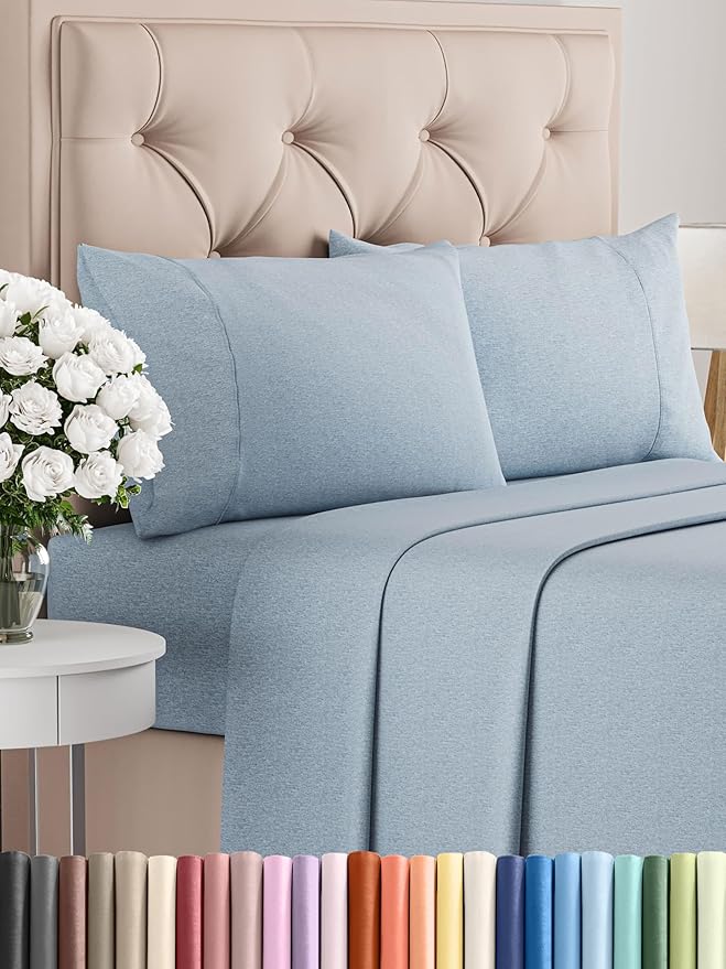 Full Size 4 Piece Sheet Set - Comfy Breathable & Cooling Bed Sheets Set - Hotel Luxury Bedding for Women, Men, Kids, Teens, Boys & Girls - Deep Pockets, Soft & Wrinkle Free - Blue (Heathered Sheets)