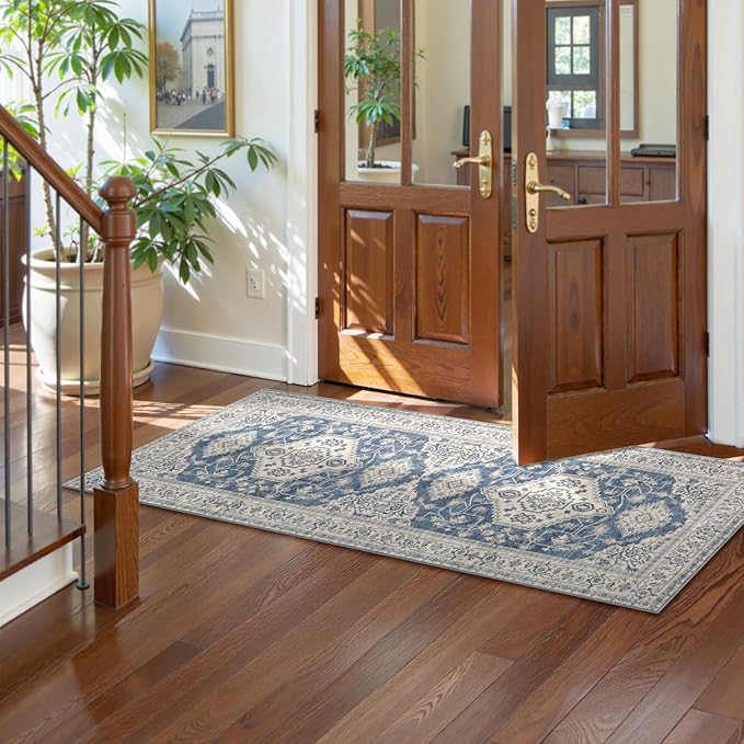 Lahome Oriental Washable Kitchen Runner Rug, 2x6 Carpet Runners for Hallway 6ft Non Skid, Vintage Soft Hallway Rug for Bathroom Bedroom Entryway, Blue