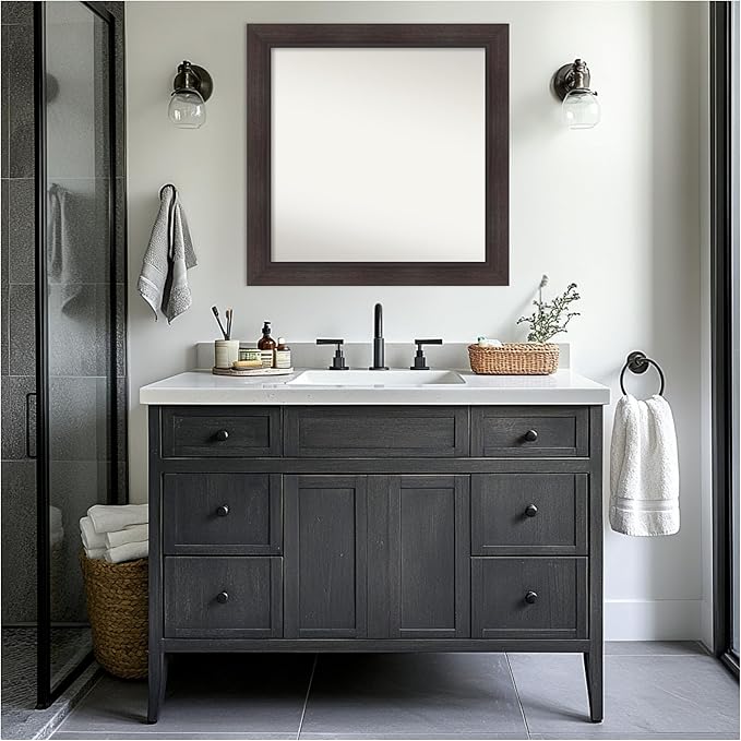 Amanti Art Brown Bathroom Mirror for Over Sink, 32x32 Sloped Espresso Square Vanity Mirror, Large Modern Contemporary Frame, Hangs Horizonally and Vertically, Bathroom Wall Decor, Non-Beveled Edge
