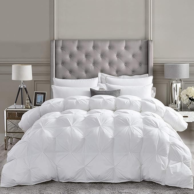 Luxurious All-Season Goose Down Feather Fiber Comforter Queen Size Duvet Insert, Exquisite Pinch Pleat Design, Premium Baffle Box, 100% Egyptian Cotton Cover, 55 oz. Fill Weight, White