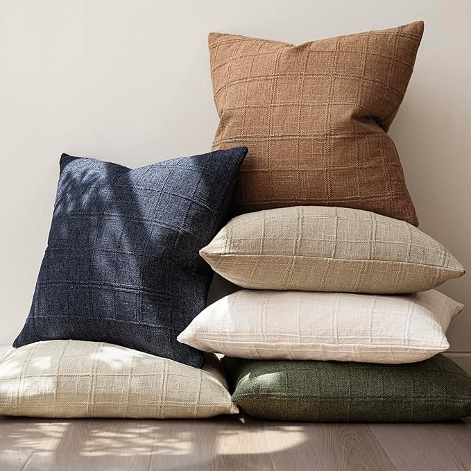 Foindtower Set of 2 Decorative Linen Check Throw Pillow Covers Neutral Farmhouse Vintage Cushion Covers Modern Boho Home Decor for Sofa Chair Couch Bedroom Living Room Outdoor,18×18 Inch,Navy Blue