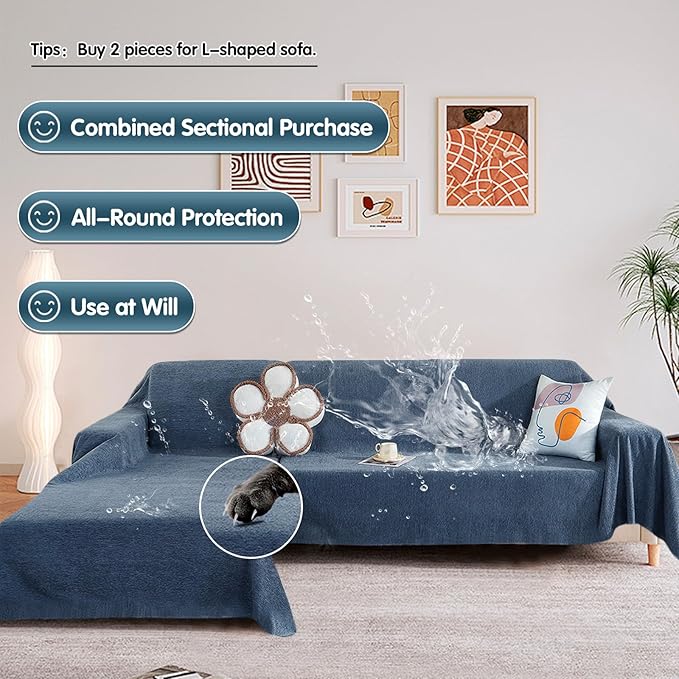 STACYPIK Waterproof Blue Couch Cover Non-Slip Sofa Cushion Cover for Pet Cat Dog Anti-Scratch Couch Cover Thick Washable Couch Protector for 3 Cushion Outdoor Leak Proof Couch Throw Slipcover-71X134IN