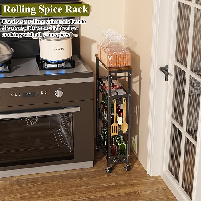 Utility Slim Storage Cart, 4 Tier Small Rolling Kitchen Laundry Room Cart with Wood Top, Metal Narrow Bathroom Storage Cabinet Mobile Shelf Unit Organizer Trolley with Handle for Narrow Space