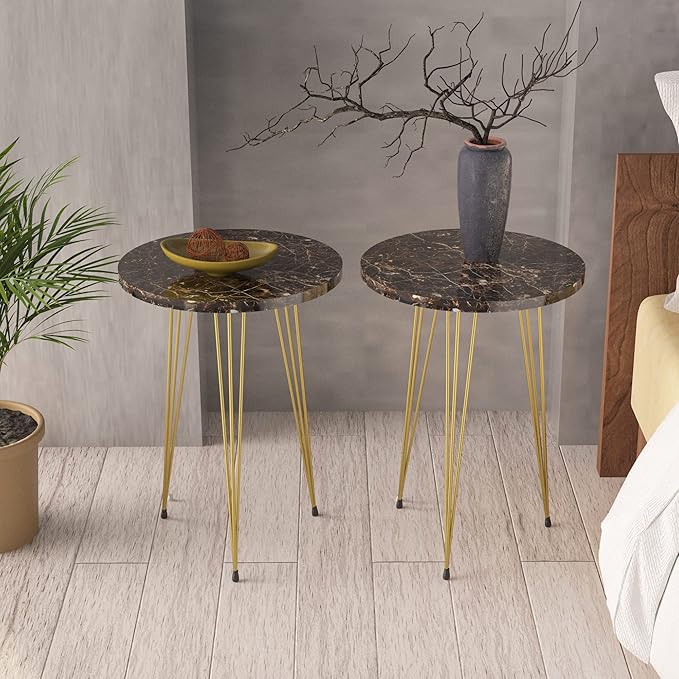 PAK HOME Set of 2 High Gloss Brown Marble Look End Tables Round Wood Sofa Side Coffee Tables for Small Spaces, Nightstand Bedside Table for Bedroom, Living Room, Office