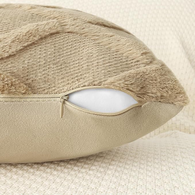decorUhome Throw Pillow Covers 16x16 Inch Set of 2, Soft Plush Faux Fur Wool Khaki Couch Pillow Covers, Decorative Neutral Pillow Cases for Bed Sofa Living Room Home Decor