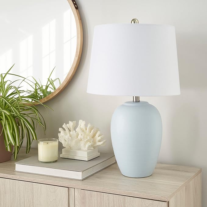Nourison 23" Coastal Blue Ceramic Pot Table Lamp for Bedroom, Living Room, Dining Room, Entryway, with White Shade, Set of 2 Lamps