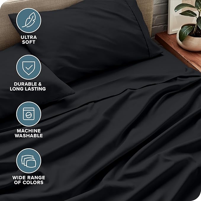 Bare Home Split King Sheet Set - 1800 Ultra-Soft Microfiber Bed Sheets - Double Brushed - Deep Pockets - Easy Fit - 5 Piece Set - Bed Sheets & Pillowcases (Split King, Black)