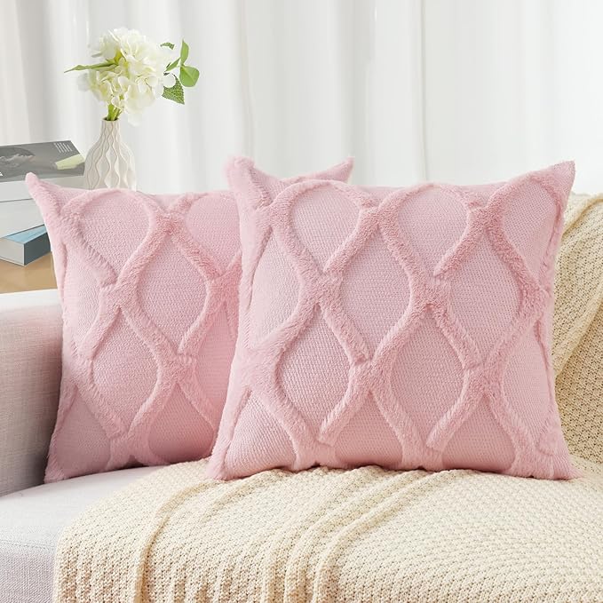decorUhome Throw Pillow Covers 18x18 Inch Set of 2, Soft Plush Faux Fur Wool Light Pink Couch Pillow Covers, Decorative Neutral Pillow Cases for Bed Sofa Living Room Home Decor
