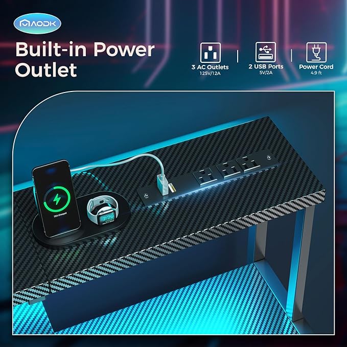 AODK Computer Desk, 48 Inch Gaming Desk with Led Lights & Power Outlet, Office Desk with Storage Shelves, Reversible Desk with Monitor Shelf & Headphone Hook, Carbon Fiber Black